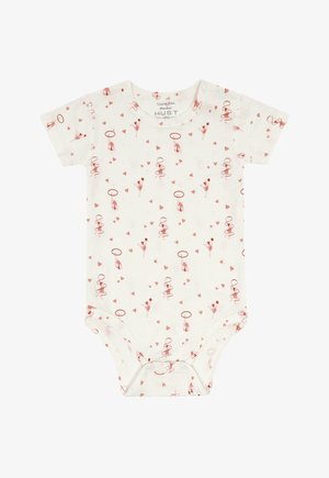 Body bianco a maniche corte per neonati con motivi di ballerine rosse e cuori, chiusure a scatto sulla spalla e sul fondo.