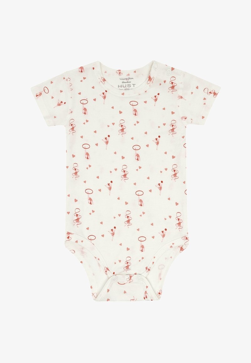 Body bébé blanc à manches courtes avec motifs ballerine rouge et cœurs, fermetures à pression à l'épaule et en bas.