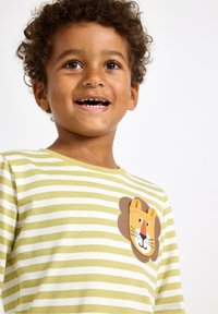 Striped long-sleeve shirt in light green and white, featuring a lion face patch on the chest. Soft fabric with a round neckline.