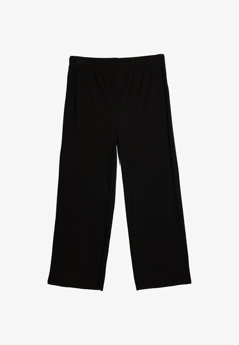 Pantalones de pierna ancha negros de canalé con cintura elástica, exhibidos de forma plana sobre fondo blanco.