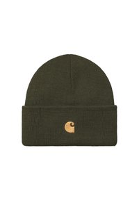 Gorro de punto verde oliva con textura acanalada y doblez en el puño. Presenta un pequeño logotipo bordado en naranja en la parte frontal.