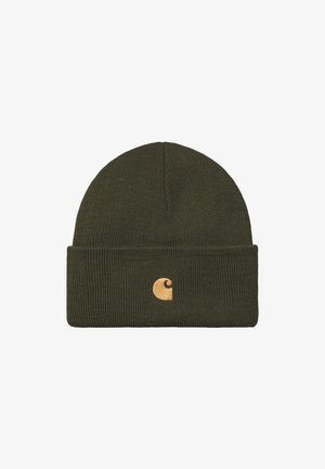 Gorro de punto verde oliva con textura acanalada y doblez en el puño. Presenta un pequeño logotipo bordado en naranja en la parte frontal.