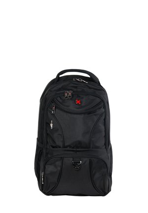 Zwarte rugzak met meerdere ritssluitingen, een bovenhandgreep, zijvakken van gaas en een rood kruislogo op het voorvak.