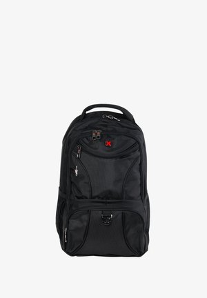 Zwarte rugzak met meerdere ritssluitingen, een bovenhandgreep, zijvakken van gaas en een rood kruislogo op het voorvak.