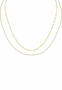 Goldfarbene, mehrschichtige Halskette mit zwei unterschiedlichen Ketten: eine mit ovalen Gliedern und eine feine, glatte Kette, beide mit einem glanzvollen Finish.
