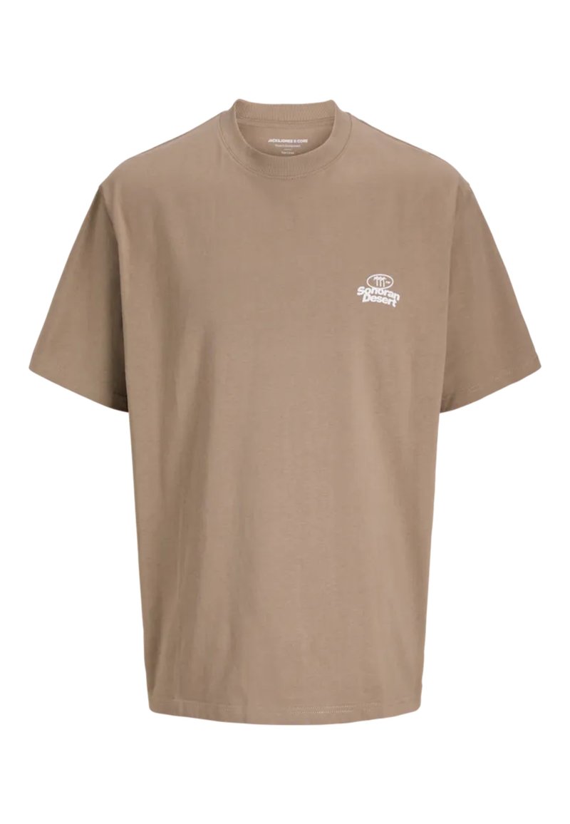 Bruine katoenen T-shirt met korte mouwen en een ronde hals, met een kleine witte grafische print op de linkerkant van de borst, met de tekst "Southern Desert."