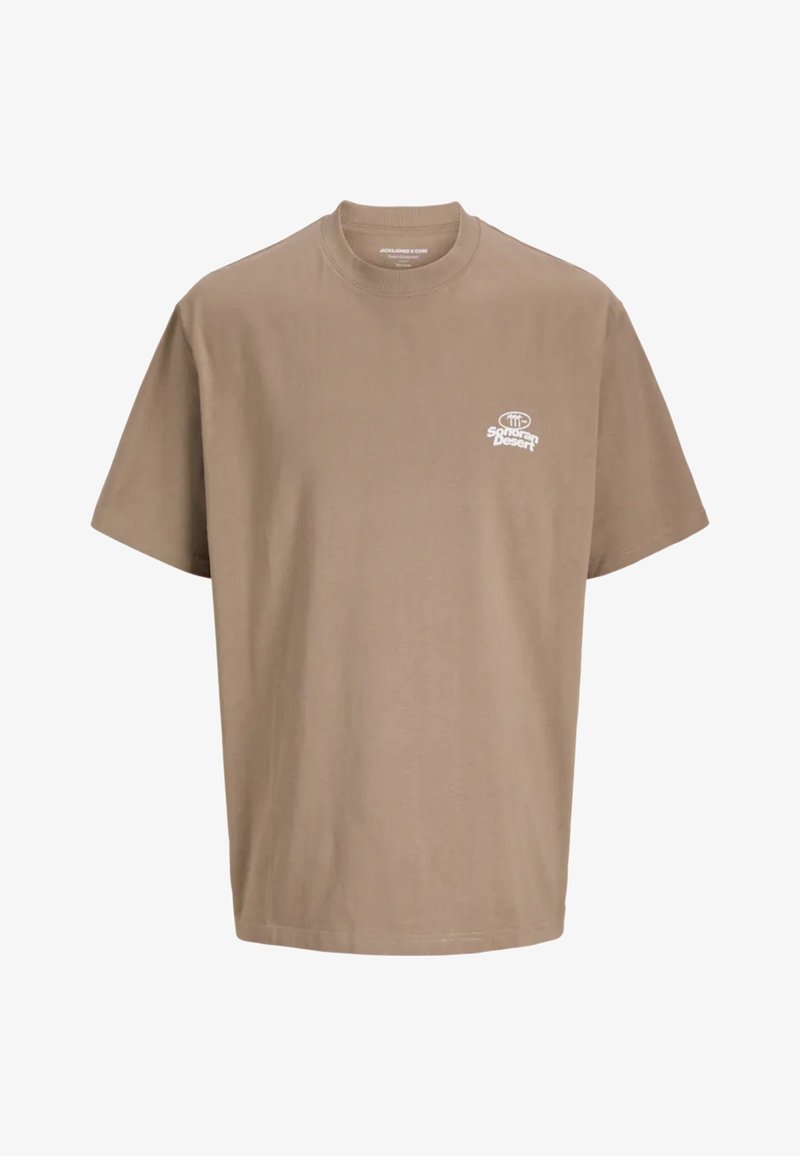 Braun kurzärmliges Baumwoll-T-Shirt mit Rundhalsausschnitt und einem kleinen weißen Grafikdesign auf der linken Brust, das den Text "Southern Desert" zeigt.