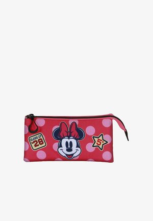 Trousse rouge à pois roses, visage de Minnie Mouse avec un nœud rouge, texte « Class of '28 » et une étoile avec « 5+ » sur le devant, fermeture éclair en haut.