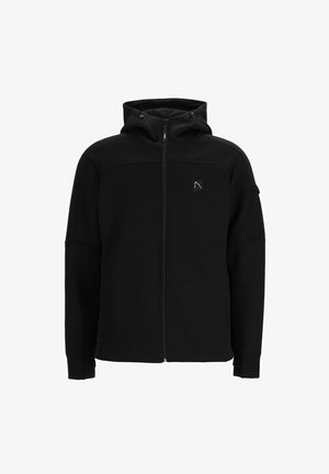 Sudadera con cremallera negra hecha de tejido texturizado, que presenta un cuello alto, bolsillos laterales y un pequeño logo en la parte izquierda del pecho.