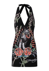 Black sleeveless halter dress with a deep V-neck, featuring a graphic of a panther, roses, and rope designs in vibrant colors.