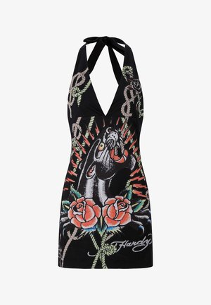 Abito senza maniche nero con scollatura a V profonda, caratterizzato da una grafica di un pantera, rose e design di corde in colori vivaci.