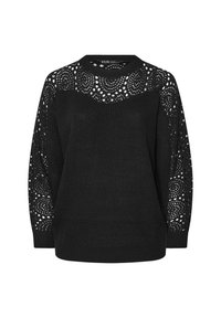 Svart stickad tröja med spetsmönster på ärmarna och axlarna, rund halsringning och textilstruktur. Lätt passform för komfort.