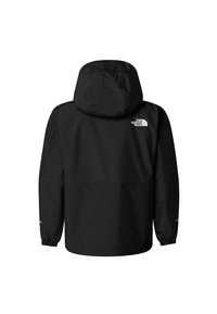 Veste d'extérieur noire avec capuche, poignets élastiques et logo blanc de The North Face sur le haut du dos. Texture lisse, coupe régulière.