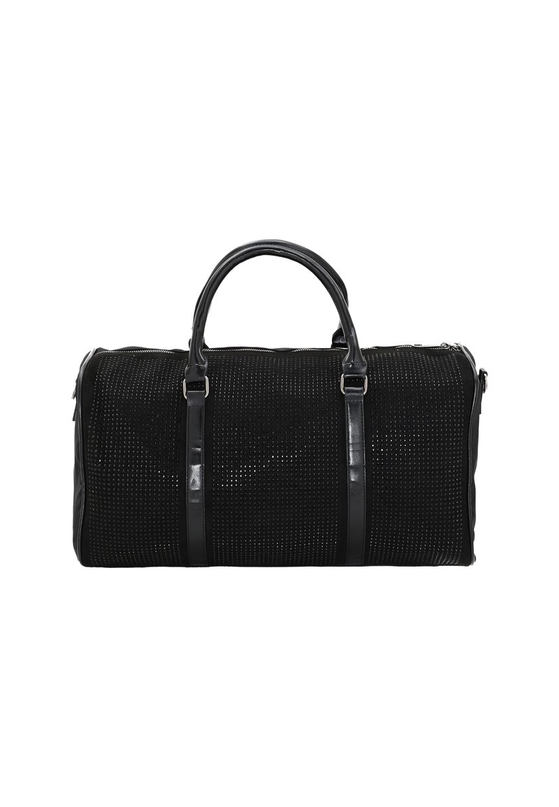 Schwarze Reisetasche aus durchlässigem Stoff, mit glatten Ledergriffen und Lederelementen. Verfügt über einen Reißverschluss und eine Seitentasche.