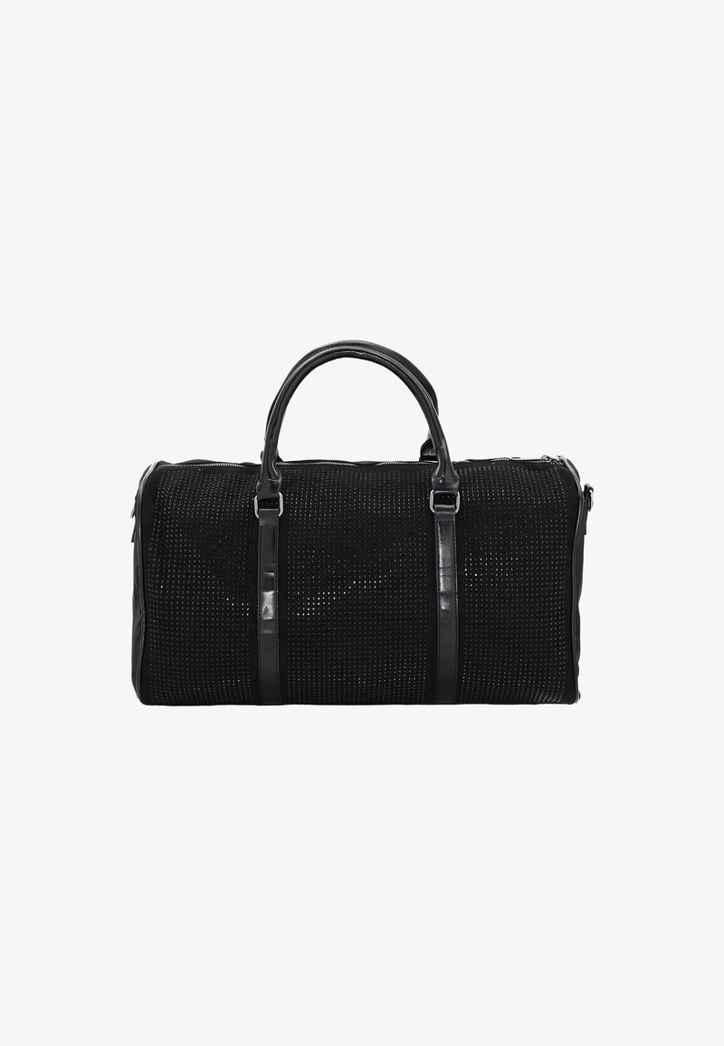 Schwarze Reisetasche aus durchlässigem Stoff, mit glatten Ledergriffen und Lederelementen. Verfügt über einen Reißverschluss und eine Seitentasche.