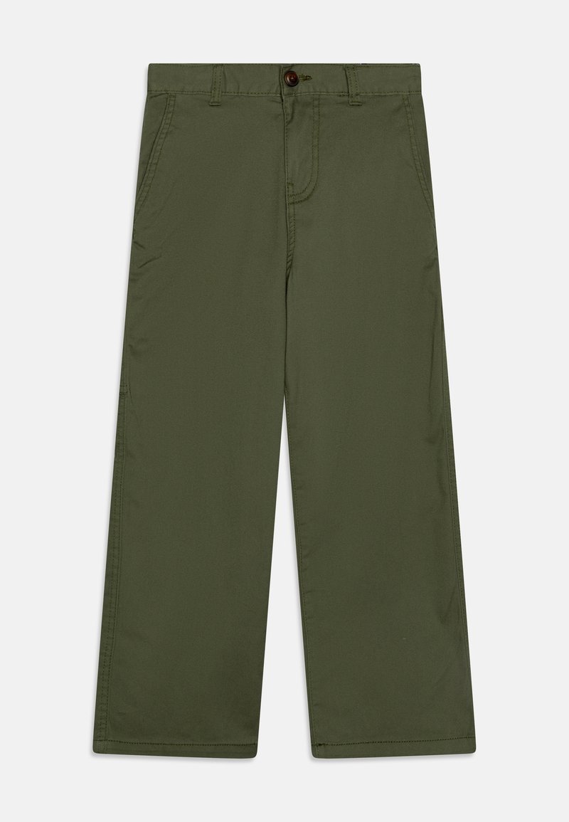 Pantalon droit couleur vert olive, avec poches avant, passants pour ceinture, et fermeture boutonnée à la taille.