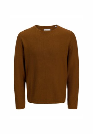 Brown long-sleeve sweater with a textured knit pattern, round neckline, and a straight hem. Label visible at the neckline.