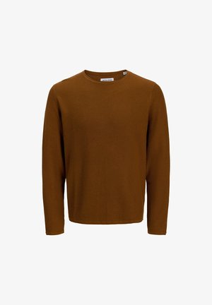 Brown long-sleeve sweater with a textured knit pattern, round neckline, and a straight hem. Label visible at the neckline.