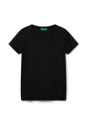 Czarny t-shirt z krótkim rękawem i okrągłym dekoltem, wykonany z miękkiego materiału, z prążkowanym kołnierzykiem i dołem dla dopasowanego wykończenia.