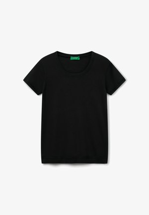 Zwart t-shirt met korte mouwen en een ronde halslijn, gemaakt van zachte stof, met een geribbelde kraag en zoom voor een nauwsluitende afwerking.