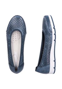 Blue perforated flats with a rounded toe, integrated cushioning, and a white sole. Features a patterned upper for ventilation and comfort.