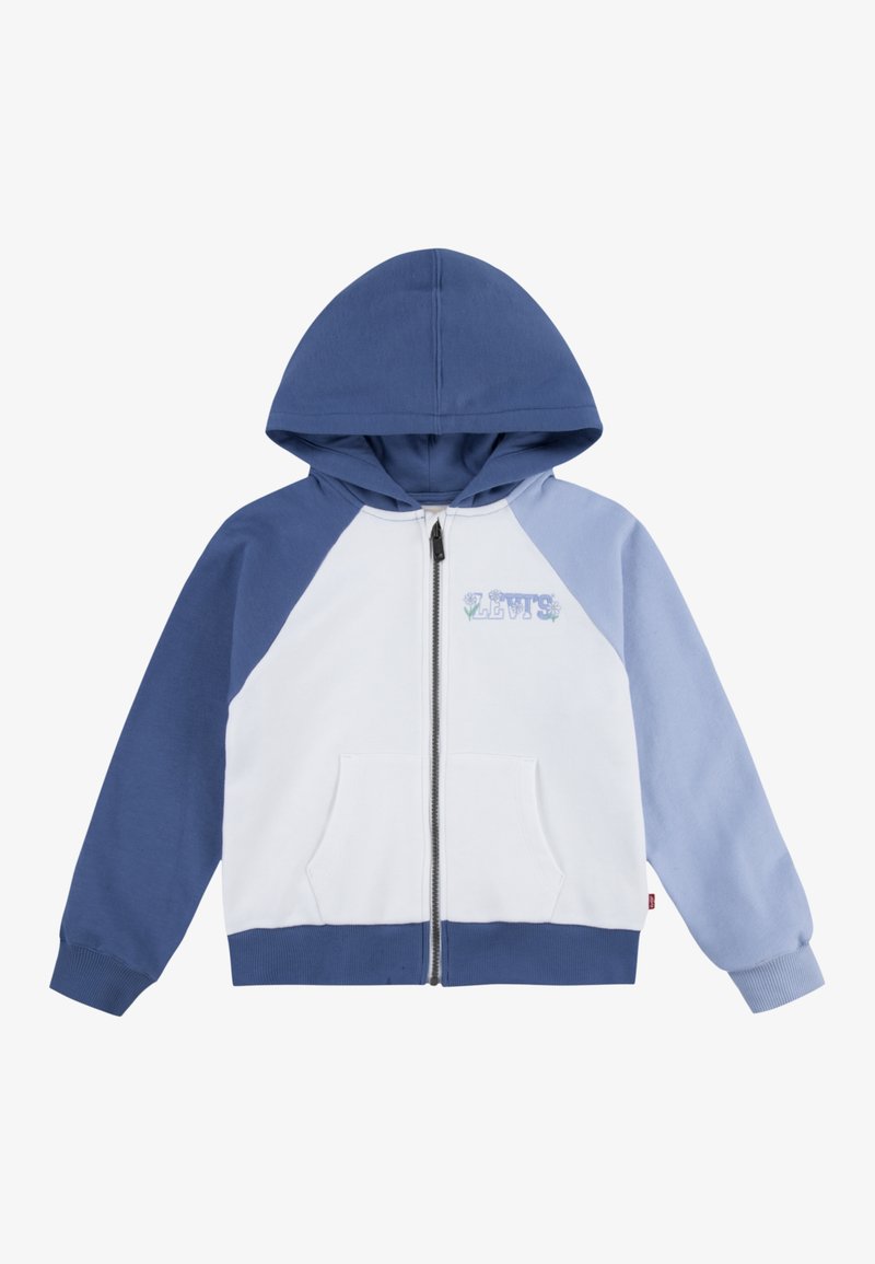 Kapuzensweatshirt mit Reißverschluss, das ein Farbblockdesign aus dunkelblauen, hellblauen und weißen Stoffen aufweist. Es enthält eine Fronttasche und ein Blumenmuster.