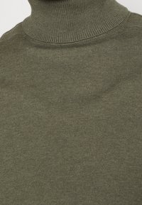 Olive green turtleneck sweater made from ribbed knit fabric. Features a close-fitting collar and soft texture. No visible patterns or embellishments.