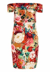 Robe ajustée à épaules dénudées avec un grand imprimé floral coloré en rouge, rose, blanc et vert sur un fond orange et beige.
