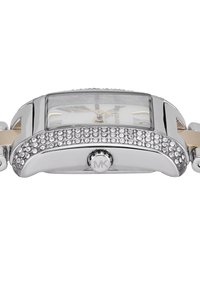 Silver-toned wristwatch with rectangular case, white dial, gold accents, and a rhinestone-encrusted bezel; features a simple crown.