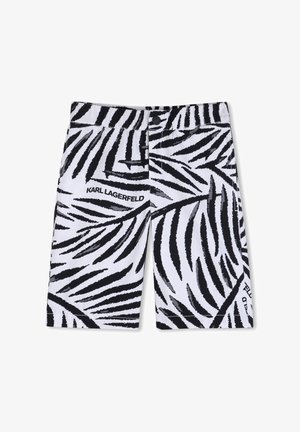 Zwart-witte korte broek met palmbladpatroon, knoopsluiting en het "KARL LAGERFELD" logo aan de linkervoorzijde.