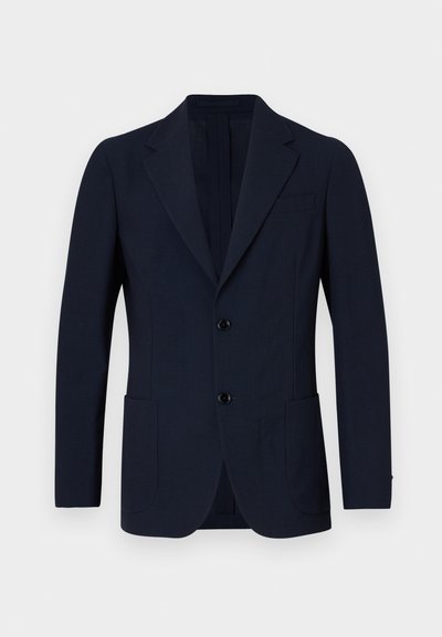Navy blue blazer made of textured fabric, featuring a two-button closure, lapel collar, and two front pockets. Classic tailored design.