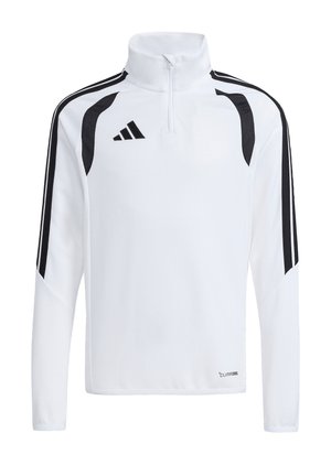 Witte sporttop met lange mouwen met zwarte strepen op de schouders en armen, een kraag met een kwart ritssluiting en het Adidas-logo op de borst.