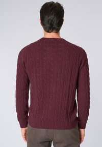 Maglione a maglia bordeaux con motivo a treccia, polsini e orlo a coste, scollo rotondo, texture di peso medio, design aderente.