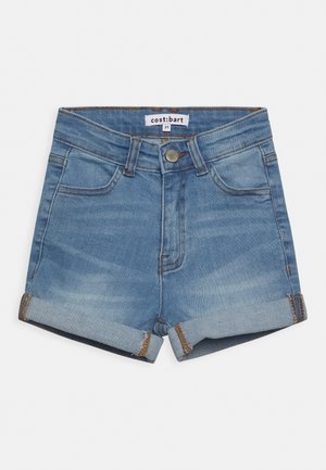 Shorts en denim bleu clair avec ourlets retroussés, fermeture à bouton à l'avant, passants de ceinture et poches avant, étiquetés taille 21 par cost: bart.
