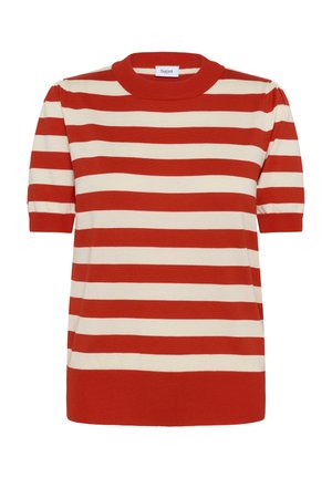 Punase ja kreemika triibuline lühikeste varrukatega kampsun ümara kaelusega, soonikkoes mansettidega ja pehme kudumiga, millel on sirge serv ja logomärgiga silt.