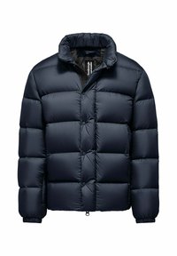 Granatowa kurtka puchowa z wysokim kołnierzem, pikowanym wzorem, zatrzaskami i elastycznymi mankietami. Posiada zamek błyskawiczny na dole.