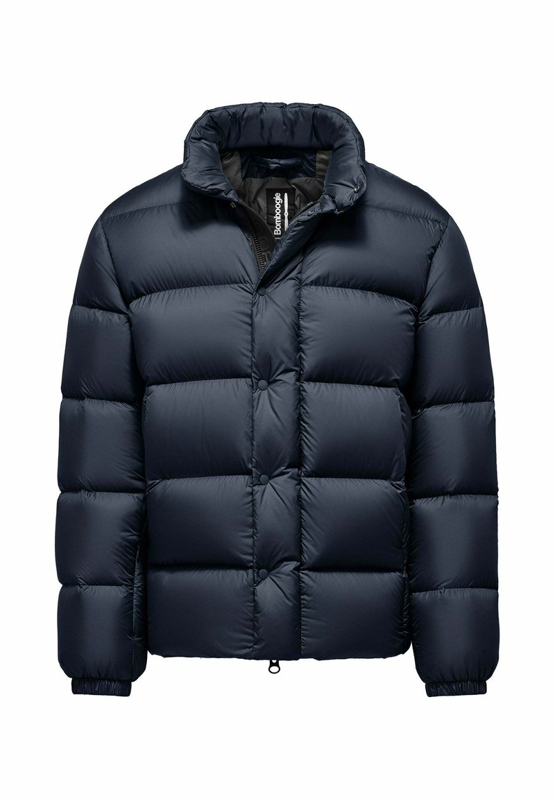 Granatowa kurtka puchowa z wysokim kołnierzem, pikowanym wzorem, zatrzaskami i elastycznymi mankietami. Posiada zamek błyskawiczny na dole.