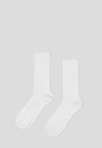 Weiße Baumwoll-Crew-Socken mit gerippter Textur, klassischem Design und nahtlosem Zehenbereich. Geeignet für legere oder alltägliche Kleidung.