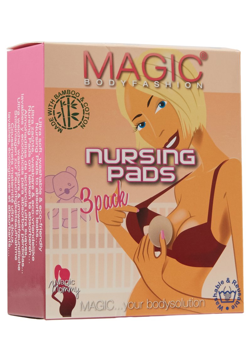Förpackning för "Magiska amningsinlägg", med en rosa och orange design, som visar produkten i ett 3-pack, med illustrationer och miljövänliga etiketter.