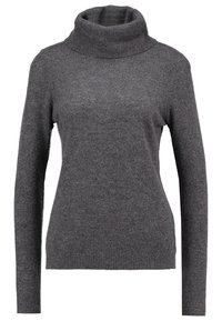 Maglione dolcevita grigio scuro in tessuto morbido, con maniche lunghe e orlo a coste. Texture liscia e design classico.