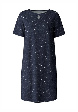 Marineblauwe jurk met korte mouwen en een sterrenpatroon, voorzien van een keyhole-halslijn, zachte stof en een relaxed fit.