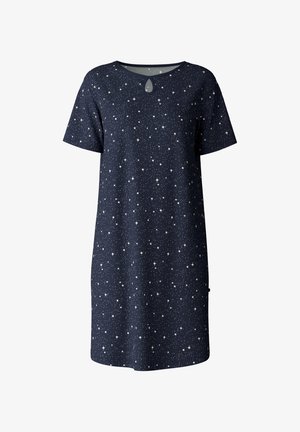 Navy short-sleeve dress with a star pattern, featuring a keyhole neckline, soft fabric, and a relaxed fit.