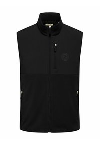 Gilet nero senza maniche con cerniera, colletto alto, tre tasche con cerniera e logo rotondo sottile sul petto sinistro.