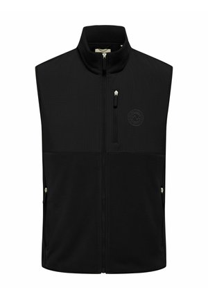 Zwarte mouwloze bodywarmer met rits en hoge kraag, drie zakken met rits en een subtiel rond logo op de linkerborst.