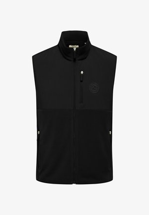 Must musta lukuga vest kõrge kraega, kolme lukuga taskuga ja peene ümmarguse logoga vasakul rinnal.