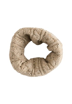 Stickad cirkulär håraccessoar i beige, med ett texturerat mönster som har synliga stygn och ribbade detaljer. Mjuk ullblandning.