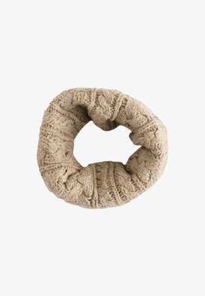 Accessorio per capelli circolare lavorato a maglia in beige, caratterizzato da un motivo testurizzato con cuciture visibili e dettagli a costine. Materiale morbido in misto lana.