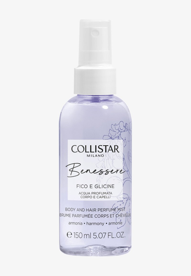 Fioletowa butelka z rozpylaczem i białą nakrętką. Etykieta ozdobiona floralnymi wzorami oraz tekstem o mgiełce do ciała i włosów, pojemność 150 ml.