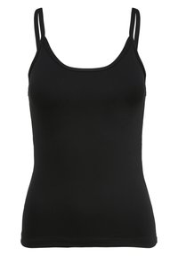 Black tank top with thin adjustable straps, round neckline, made of smooth fabric, featuring a fitted silhouette and a hem that sits at the hips.