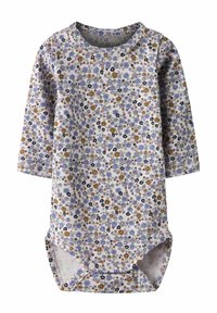 Body niemowlęcy w kwiatowy wzór wykonany z miękkiej bawełny. Posiada długie rękawy, zaokrąglony dekolt oraz zapięcie na zatrzaski na dole. Kolory to fioletowy, niebieski i pomarańczowy.